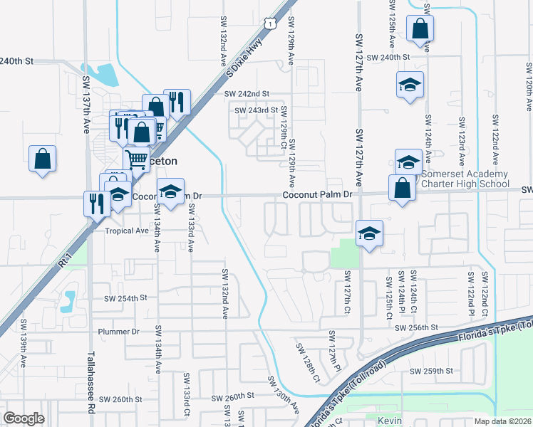 map of restaurants, bars, coffee shops, grocery stores, and more near 12952 Southwest 248th Terrace in Princeton