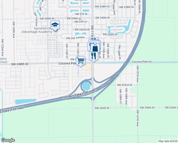 map of restaurants, bars, coffee shops, grocery stores, and more near 11205 Southwest 249th Street in Princeton