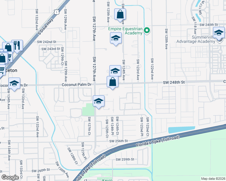 map of restaurants, bars, coffee shops, grocery stores, and more near 12400 Southwest 248th Street in Princeton