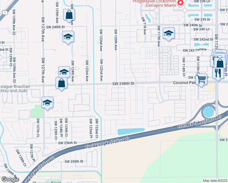 map of restaurants, bars, coffee shops, grocery stores, and more near 12119 Southwest 249th Street in Princeton