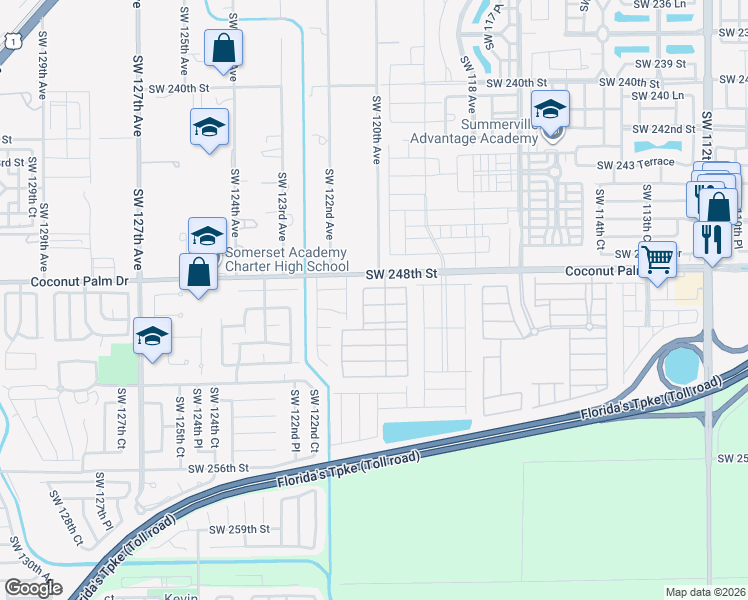 map of restaurants, bars, coffee shops, grocery stores, and more near 12119 Southwest 249th Street in Princeton