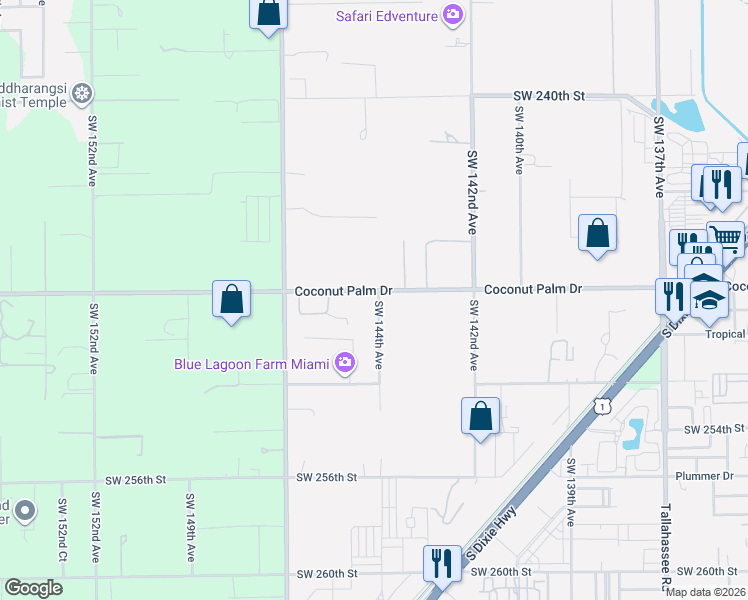 map of restaurants, bars, coffee shops, grocery stores, and more near 14400 Southwest 248th Street in Homestead