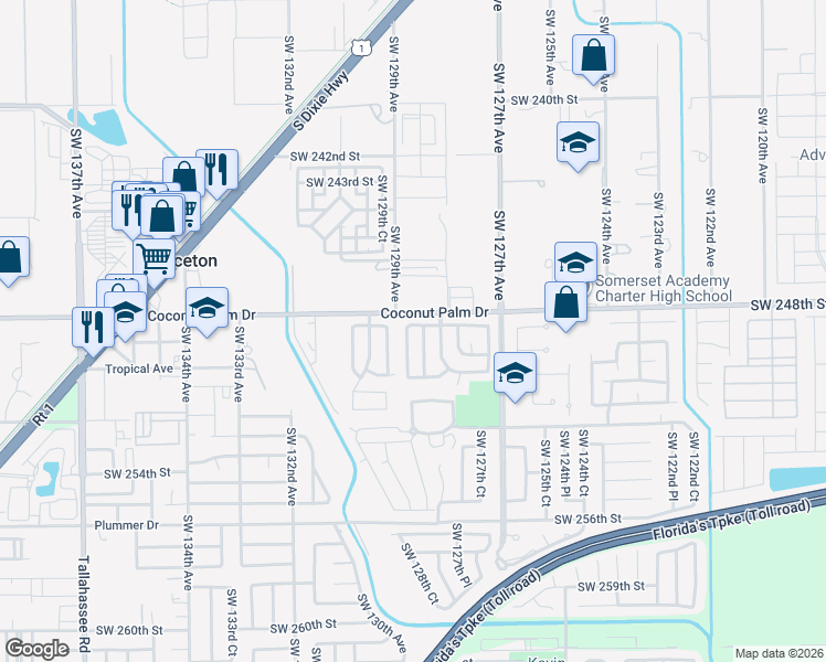 map of restaurants, bars, coffee shops, grocery stores, and more near 24831 Southwest 128th Path in Homestead