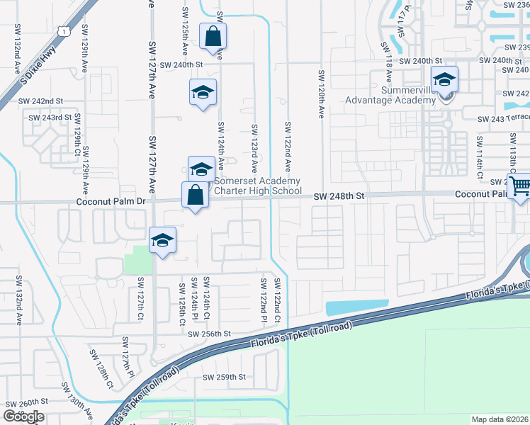 map of restaurants, bars, coffee shops, grocery stores, and more near 12220 Southwest 249th Street in Homestead