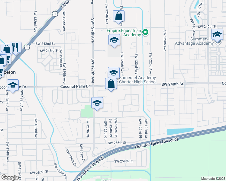map of restaurants, bars, coffee shops, grocery stores, and more near 12400 Southwest 248th Street in Princeton