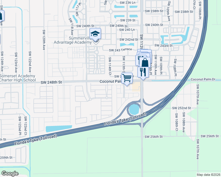 map of restaurants, bars, coffee shops, grocery stores, and more near 24875 Southwest 114th Court in Homestead