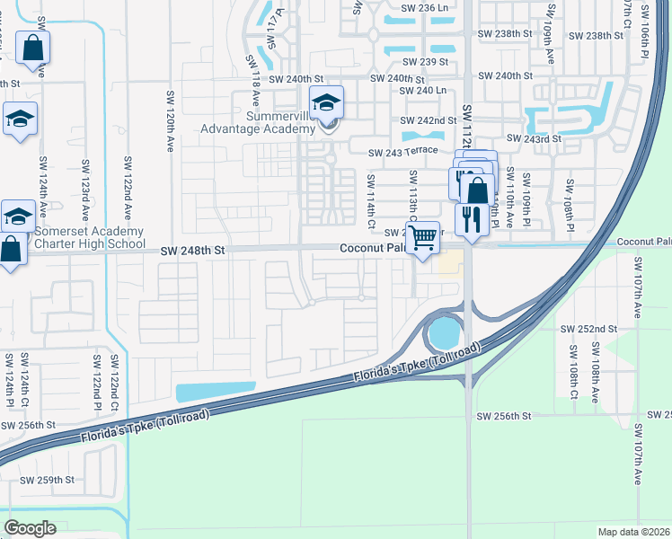 map of restaurants, bars, coffee shops, grocery stores, and more near 11563 Southwest 248th Lane in Princeton