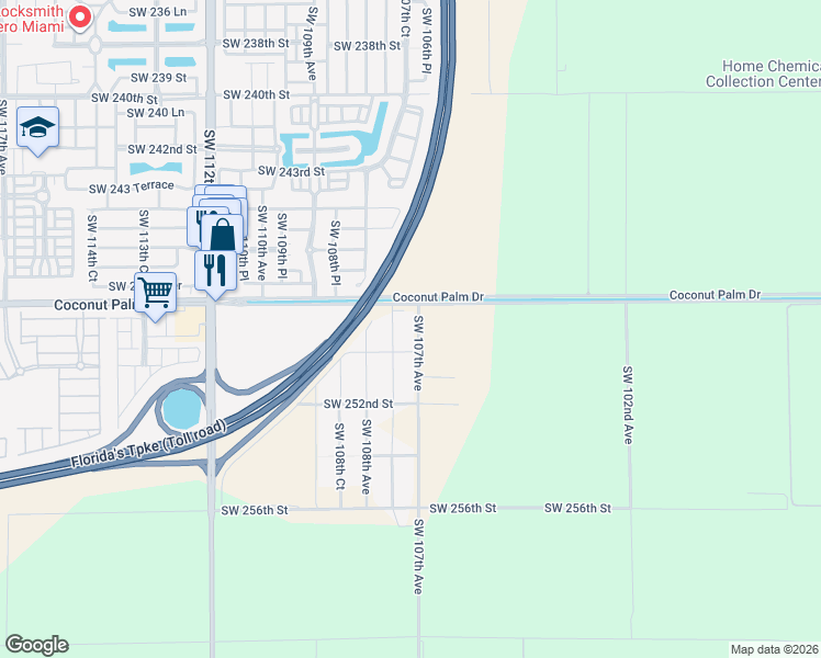 map of restaurants, bars, coffee shops, grocery stores, and more near 24942 Southwest 107th Avenue in Homestead