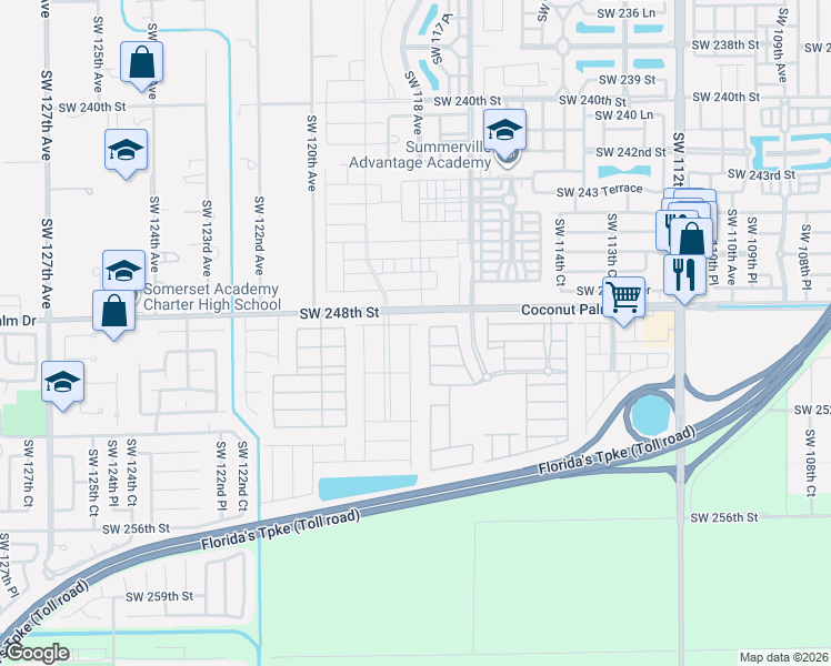 map of restaurants, bars, coffee shops, grocery stores, and more near 24836 Southwest 118th Avenue in Homestead
