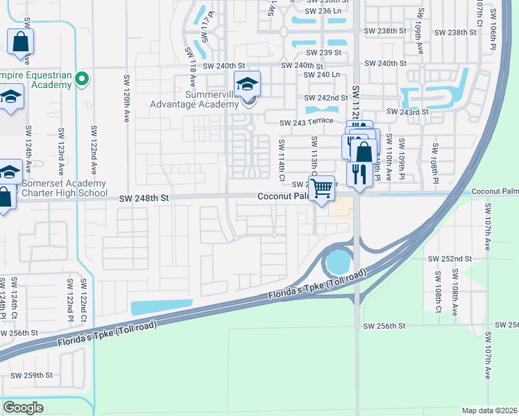 map of restaurants, bars, coffee shops, grocery stores, and more near 11471 Southwest 248th Lane in Princeton