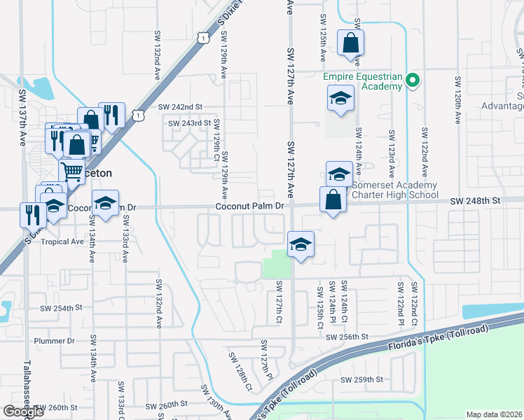 map of restaurants, bars, coffee shops, grocery stores, and more near 24833 Southwest 128th Court in Homestead