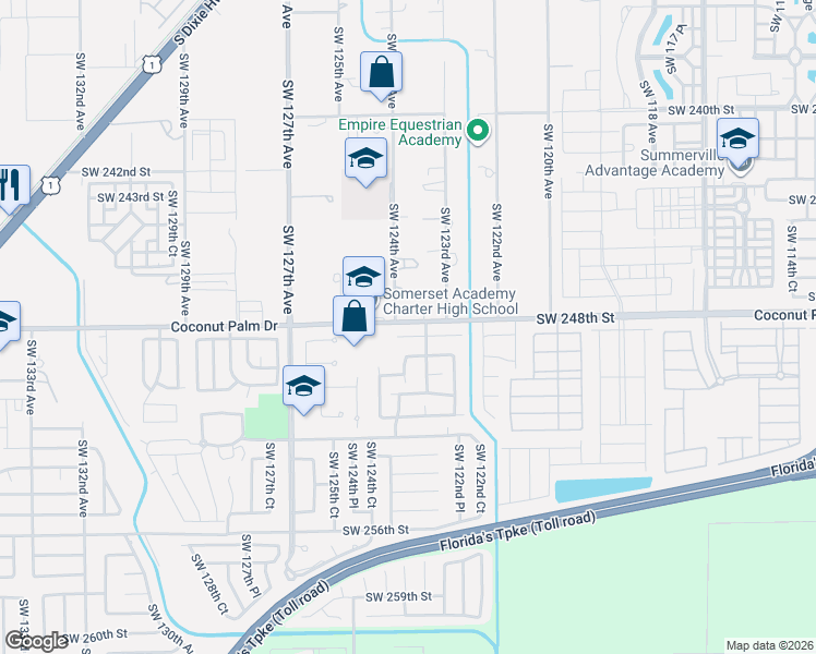 map of restaurants, bars, coffee shops, grocery stores, and more near 12378 Southwest 249th Street in Homestead