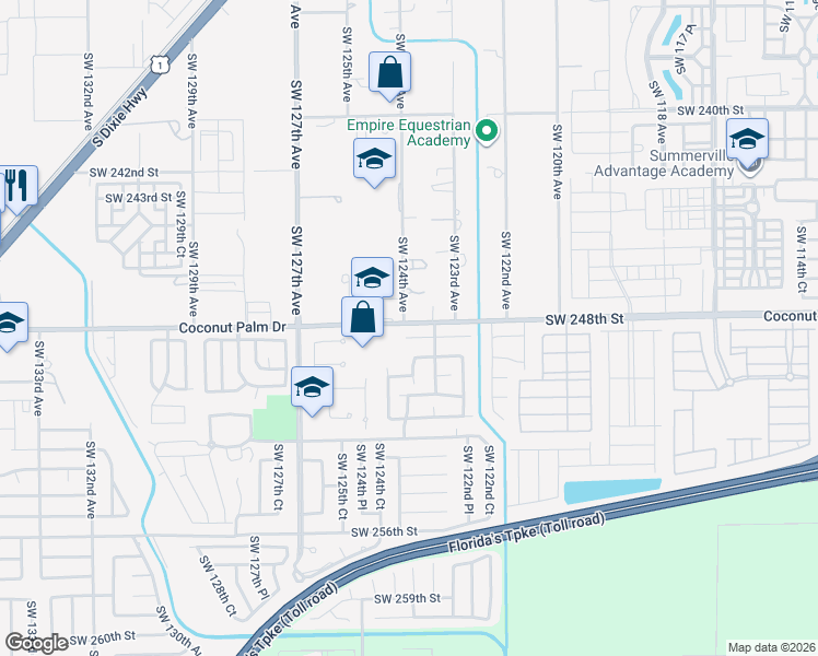 map of restaurants, bars, coffee shops, grocery stores, and more near 12378 Southwest 249th Street in Homestead