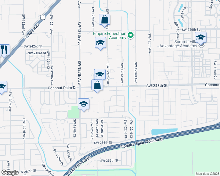 map of restaurants, bars, coffee shops, grocery stores, and more near 12378 Southwest 249th Street in Homestead