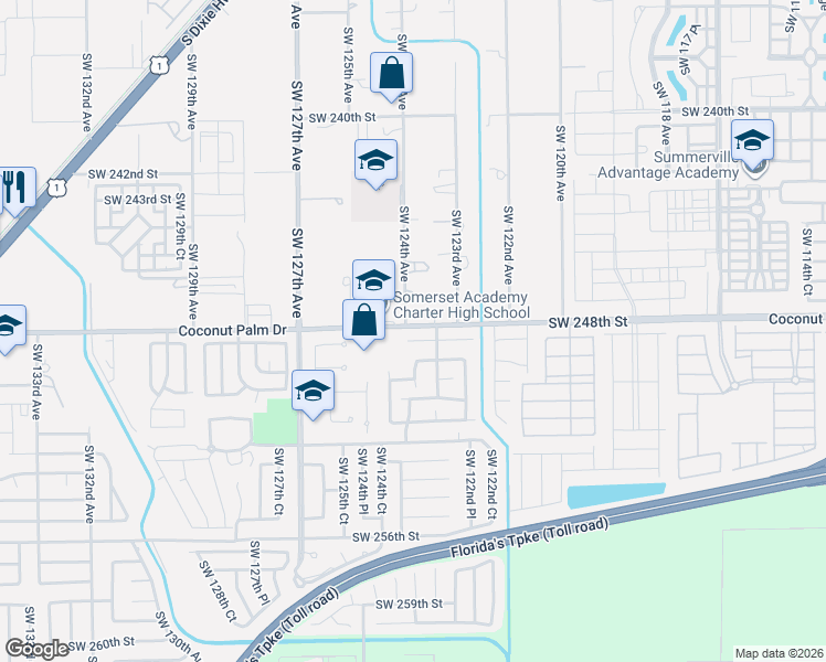 map of restaurants, bars, coffee shops, grocery stores, and more near 12378 Southwest 249th Street in Homestead