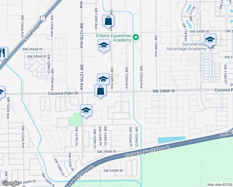map of restaurants, bars, coffee shops, grocery stores, and more near 12320 Southwest 249th Street in Homestead
