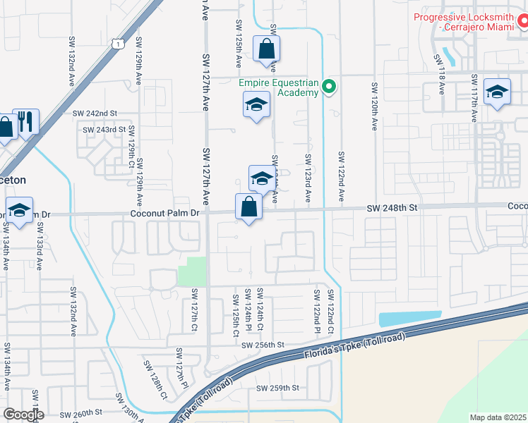 map of restaurants, bars, coffee shops, grocery stores, and more near 12378 Southwest 249th Street in Homestead