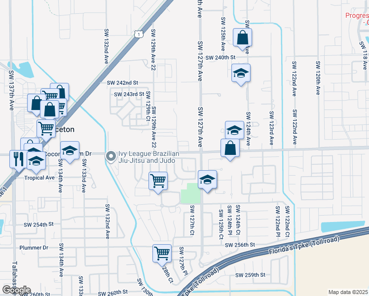 map of restaurants, bars, coffee shops, grocery stores, and more near 12783 Southwest 247th Street in Princeton