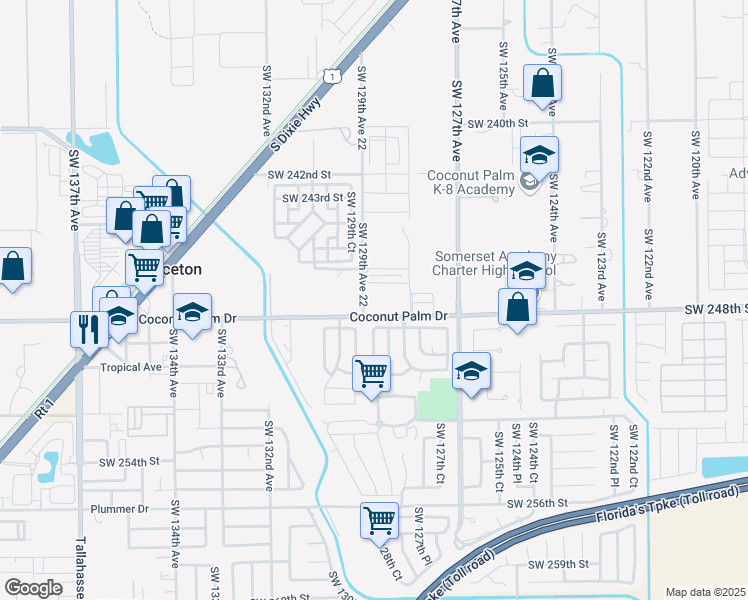 map of restaurants, bars, coffee shops, grocery stores, and more near 24705 Southwest 129th Avenue in Homestead