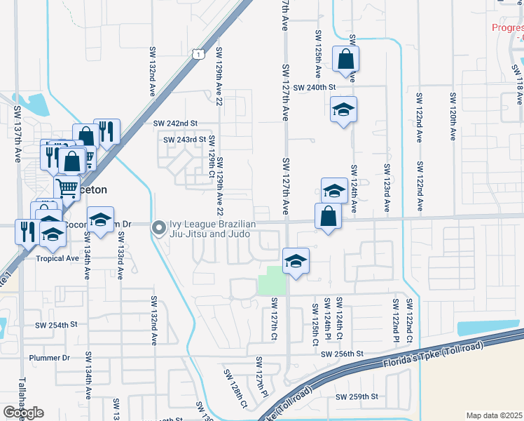 map of restaurants, bars, coffee shops, grocery stores, and more near 12783 Southwest 247th Street in Homestead