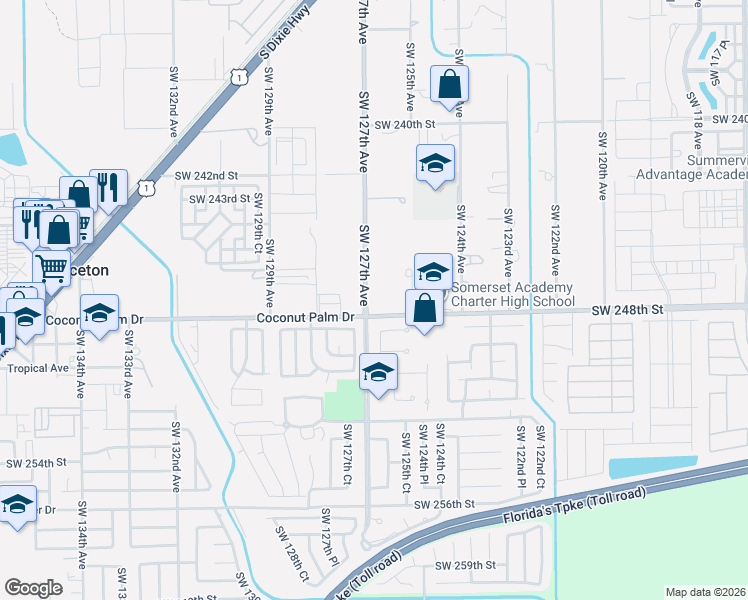 map of restaurants, bars, coffee shops, grocery stores, and more near 12601 Southwest 248th Street in Homestead