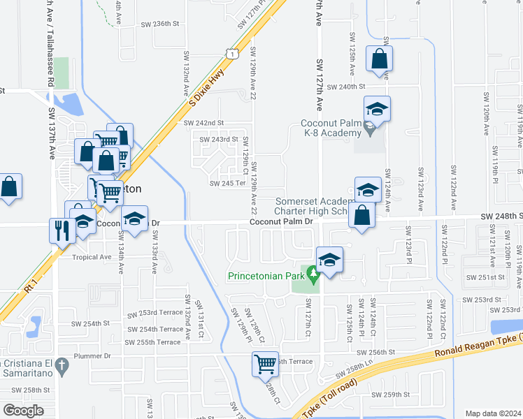 map of restaurants, bars, coffee shops, grocery stores, and more near 24705 Southwest 129th Avenue in Homestead