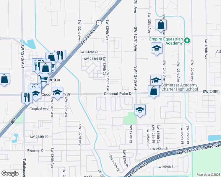map of restaurants, bars, coffee shops, grocery stores, and more near 24705 Southwest 129th Avenue in Homestead