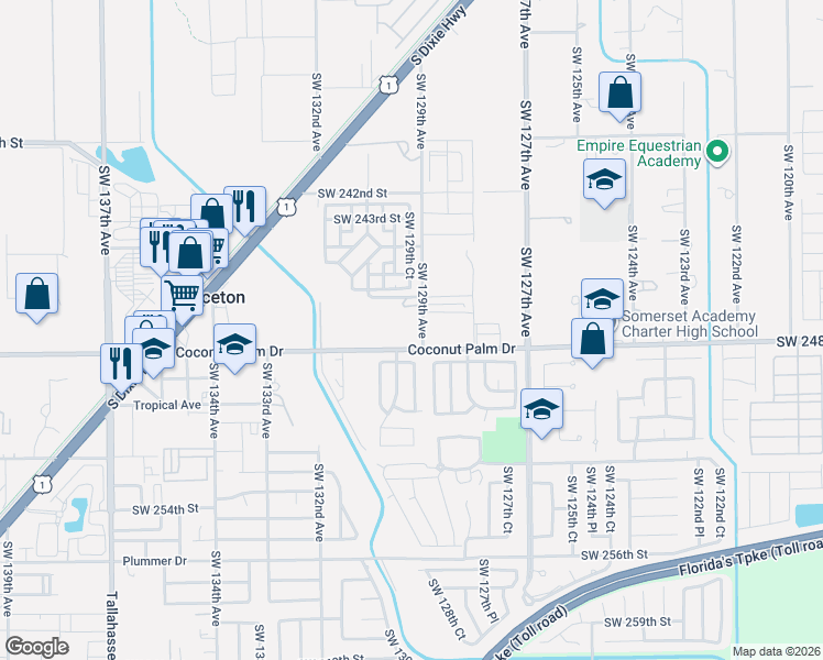 map of restaurants, bars, coffee shops, grocery stores, and more near 12949 Southwest 248th Street in Princeton