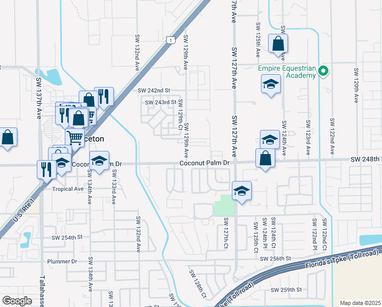 map of restaurants, bars, coffee shops, grocery stores, and more near 24705 Southwest 129th Avenue in Homestead