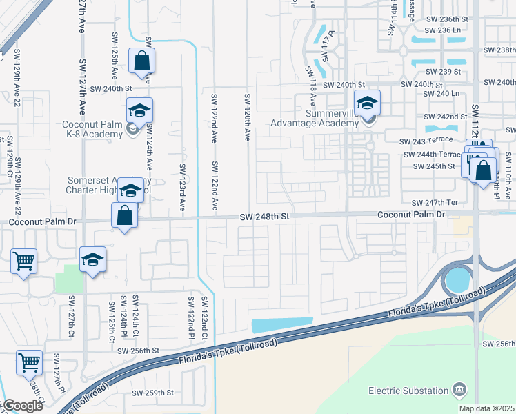 map of restaurants, bars, coffee shops, grocery stores, and more near 11999 Southwest 248th Street in Homestead