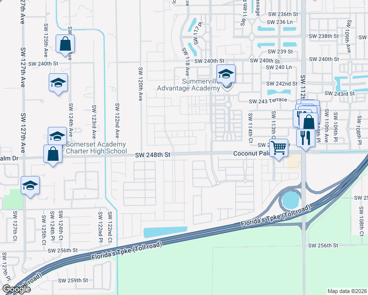map of restaurants, bars, coffee shops, grocery stores, and more near 11701 Southwest 248th Street in Homestead