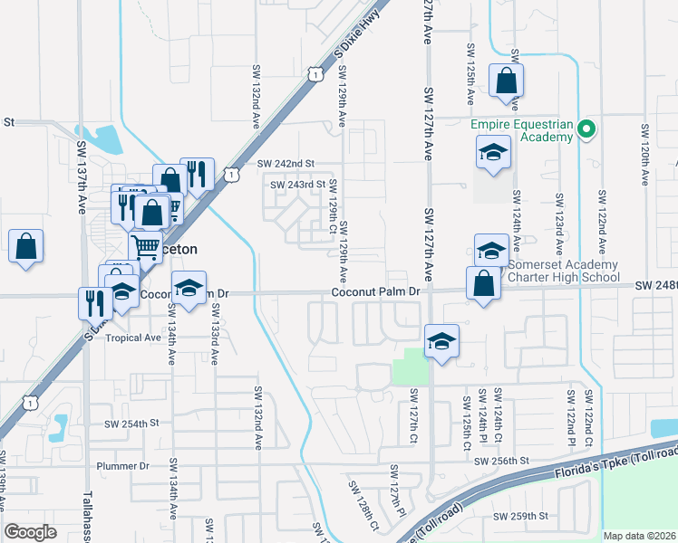 map of restaurants, bars, coffee shops, grocery stores, and more near 12949 Southwest 248th Street in Princeton