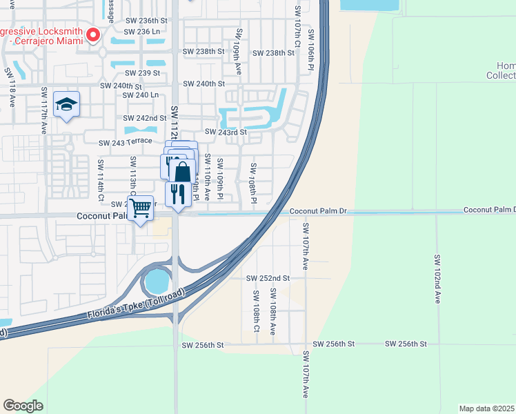 map of restaurants, bars, coffee shops, grocery stores, and more near 24765 Southwest 108th Place in Homestead
