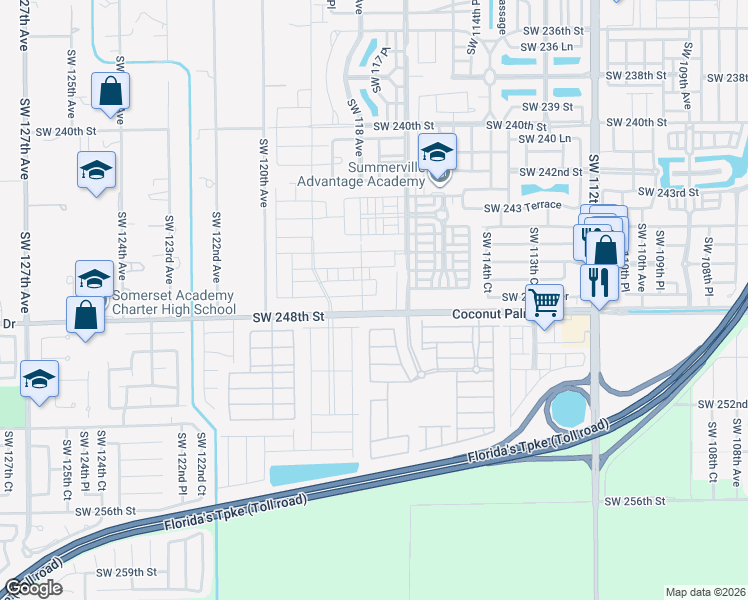 map of restaurants, bars, coffee shops, grocery stores, and more near 11701 Southwest 248th Street in Homestead