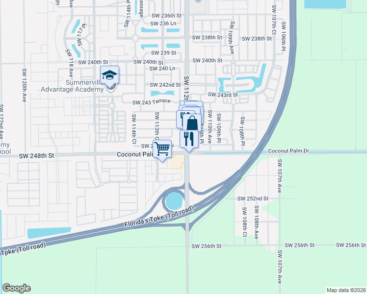 map of restaurants, bars, coffee shops, grocery stores, and more near 11240 Southwest 247th Terrace in Homestead