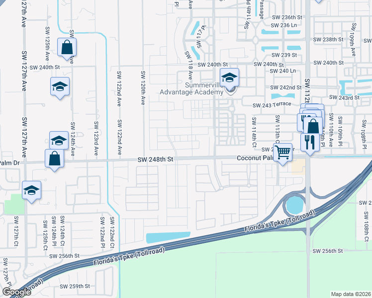 map of restaurants, bars, coffee shops, grocery stores, and more near 11701 Southwest 248th Street in Homestead
