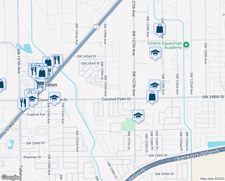 map of restaurants, bars, coffee shops, grocery stores, and more near 24705 Southwest 129th Avenue in Homestead