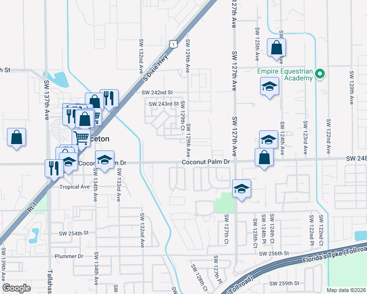 map of restaurants, bars, coffee shops, grocery stores, and more near 12949 Southwest 248th Street in Princeton