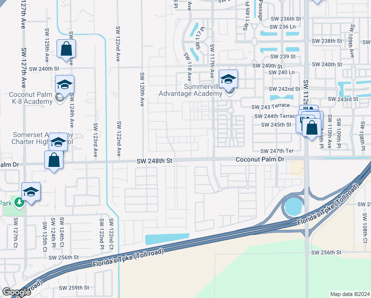 map of restaurants, bars, coffee shops, grocery stores, and more near 11701 Southwest 248th Street in Homestead