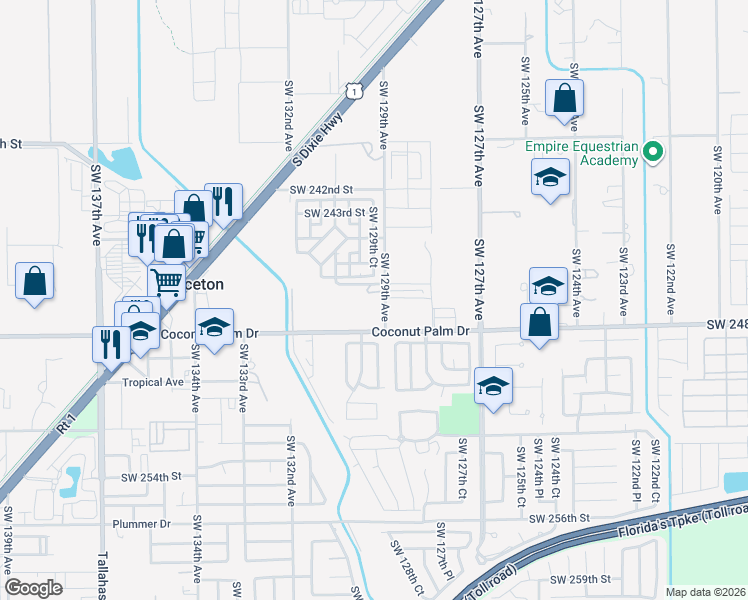 map of restaurants, bars, coffee shops, grocery stores, and more near 12949 Southwest 248th Street in Princeton