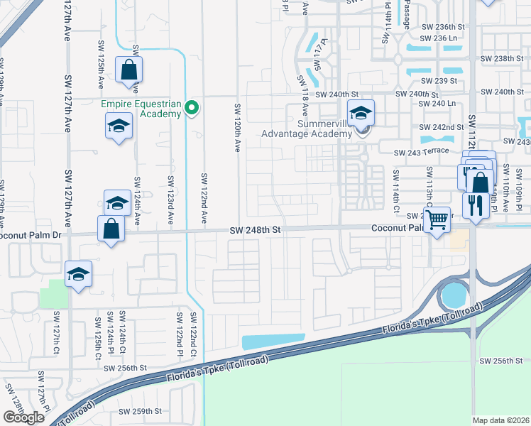 map of restaurants, bars, coffee shops, grocery stores, and more near 11999 Southwest 248th Street in Homestead