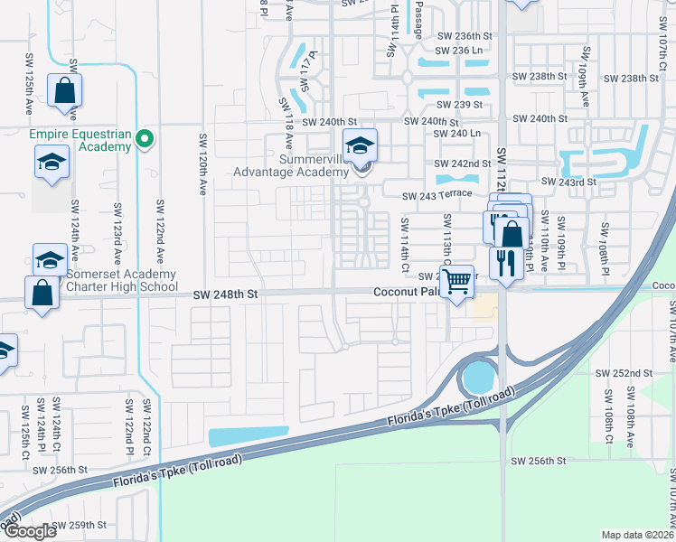 map of restaurants, bars, coffee shops, grocery stores, and more near 24804 Southwest 116th Avenue in Homestead
