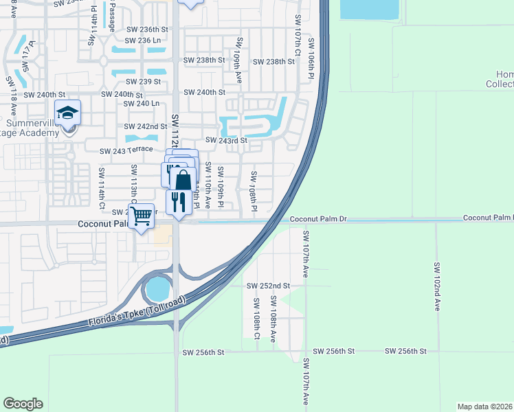 map of restaurants, bars, coffee shops, grocery stores, and more near 24765 Southwest 108th Place in Homestead