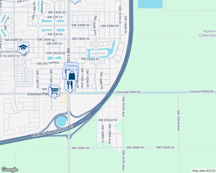 map of restaurants, bars, coffee shops, grocery stores, and more near 10730 Coconut Palm Drive in Homestead