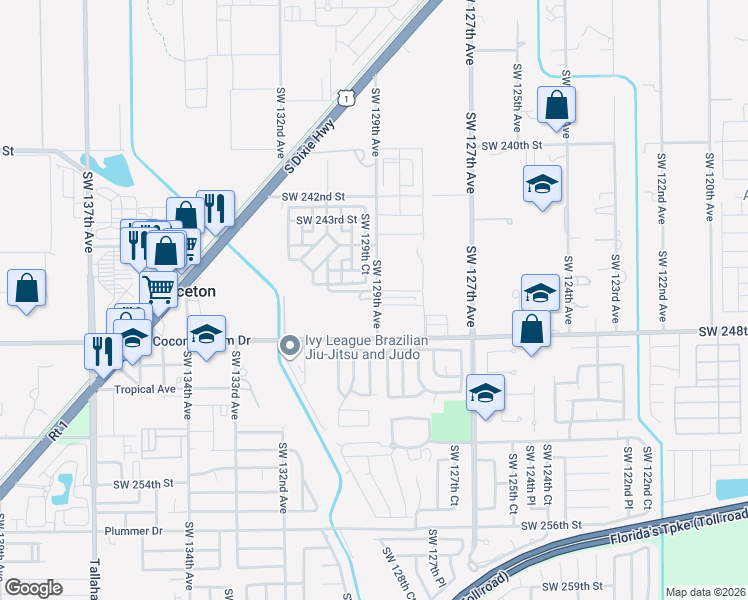 map of restaurants, bars, coffee shops, grocery stores, and more near 24705 Southwest 129th Avenue in Homestead