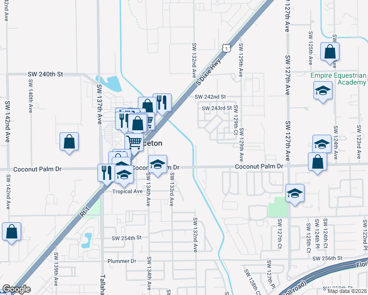 map of restaurants, bars, coffee shops, grocery stores, and more near 13113 Southwest 248th Street in Princeton