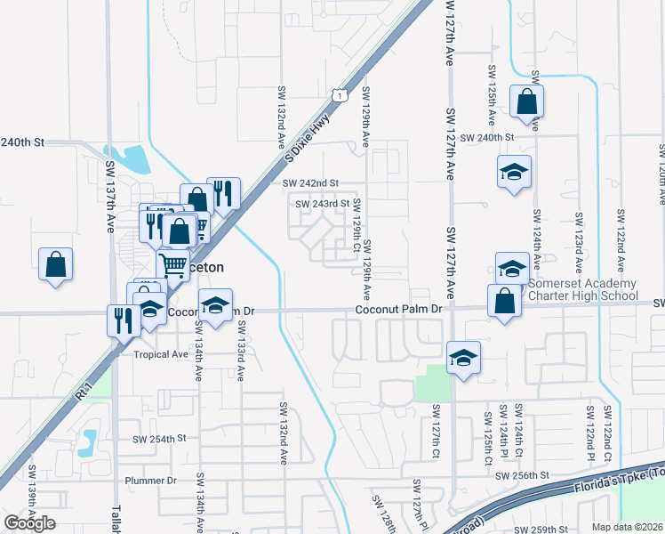 map of restaurants, bars, coffee shops, grocery stores, and more near 12953 Southwest 245th Terrace in Homestead
