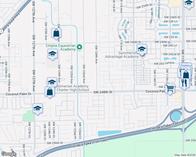 map of restaurants, bars, coffee shops, grocery stores, and more near 24540 Southwest 120th Avenue in Homestead