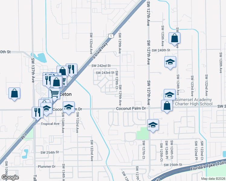map of restaurants, bars, coffee shops, grocery stores, and more near 12953 Southwest 245 Terrace in Homestead