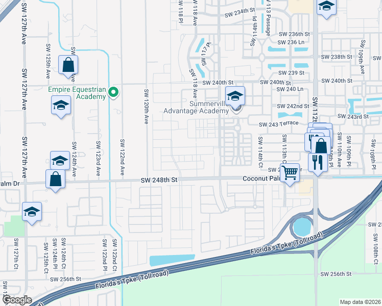 map of restaurants, bars, coffee shops, grocery stores, and more near 11701 Southwest 248th Street in Homestead